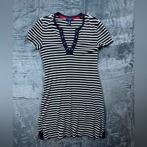 Chaps Navy White Stripe Grommet V-Neck Cotton Dress Size M Nautical Summer